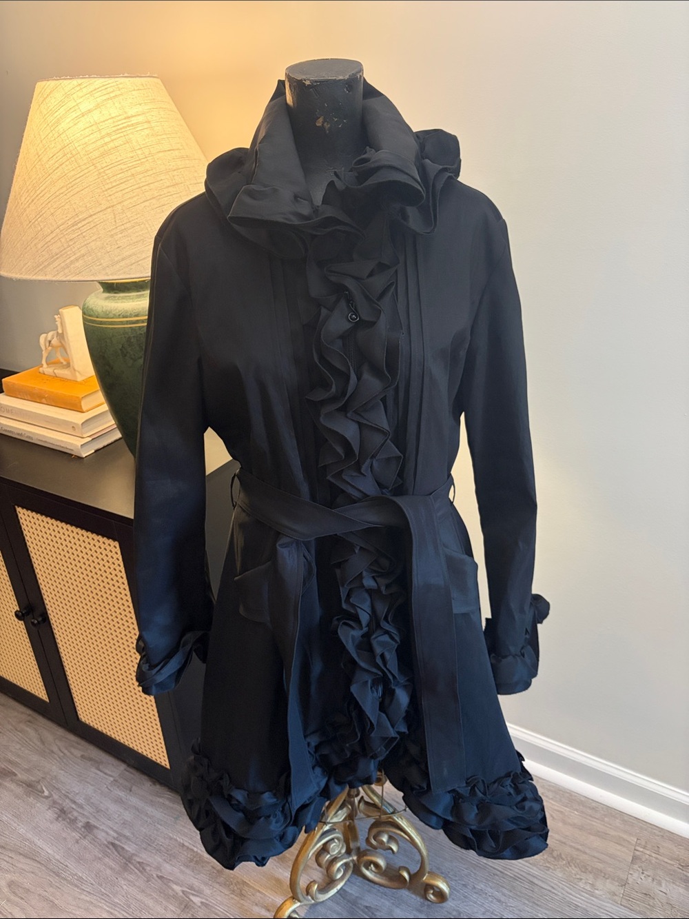 Samuel Dong Avant Garde Black Ruffled Tie Waist Zip Front Trench Coat No Size